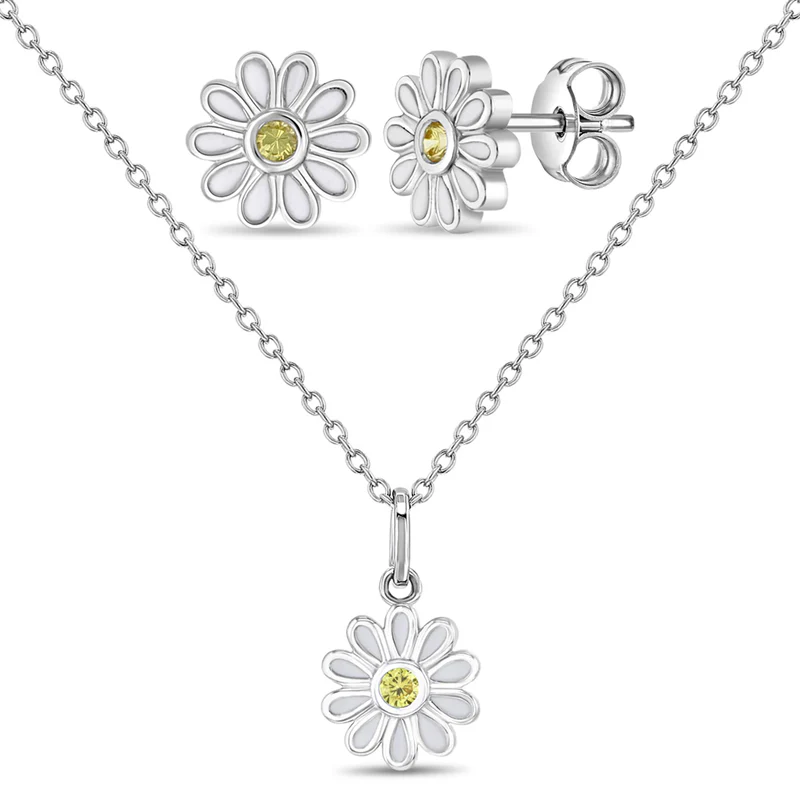Ensemble de boucles d'oreilles et pendentif pour enfant en argent 925, cubic zirconium, fleurs - B-JS-04-00053 - In Season Jewelry