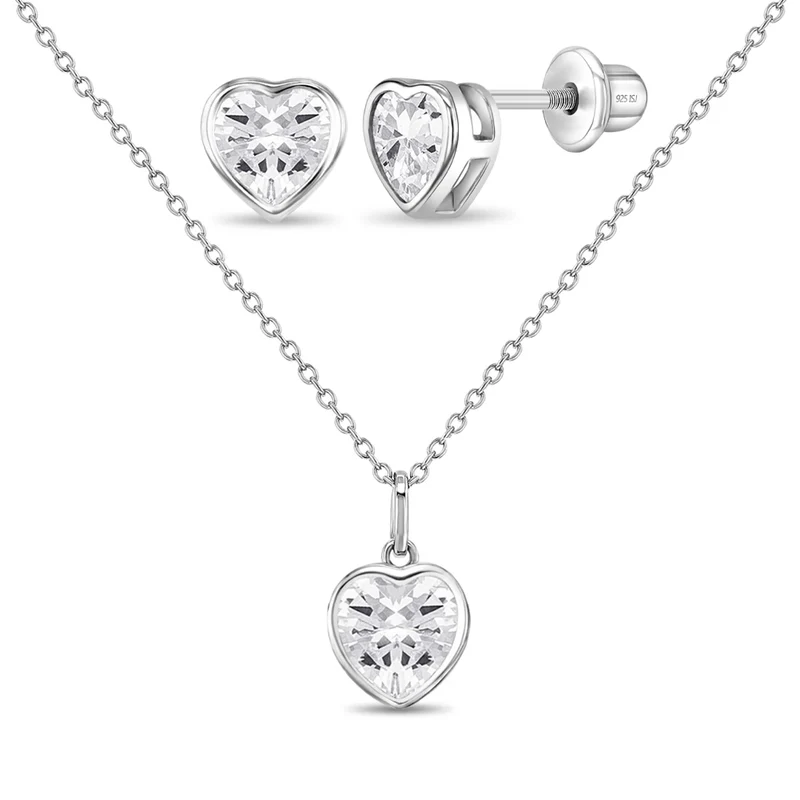 Ensemble de boucles d'oreilles vissées et pendentif pour enfant en argent 925, cubic zirconium, coeurs - B-JS-04-00014 - In Season Jewelry