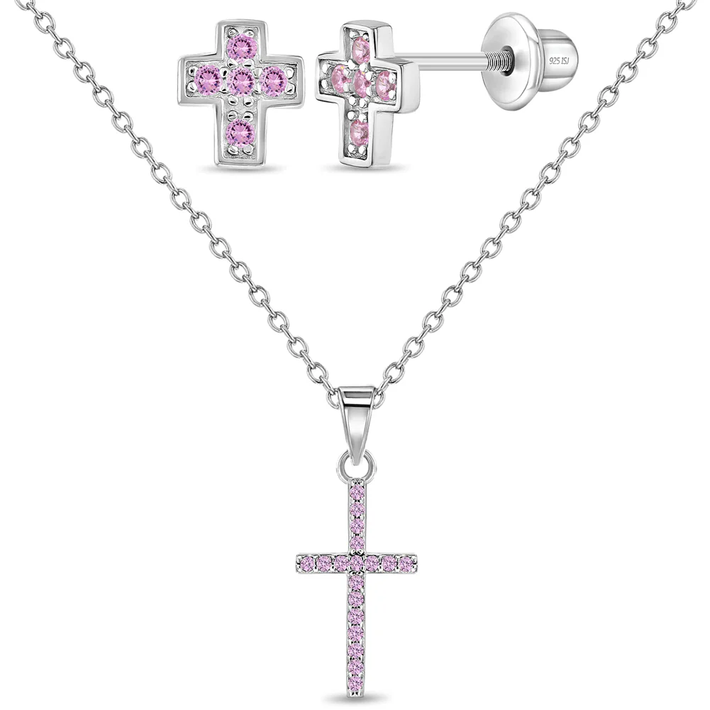 Ensemble de boucles d'oreilles vissées et pendentif pour enfant en argent 925, cubic zirconium, croix - B-JS-04-00023 - In Season Jewelry
