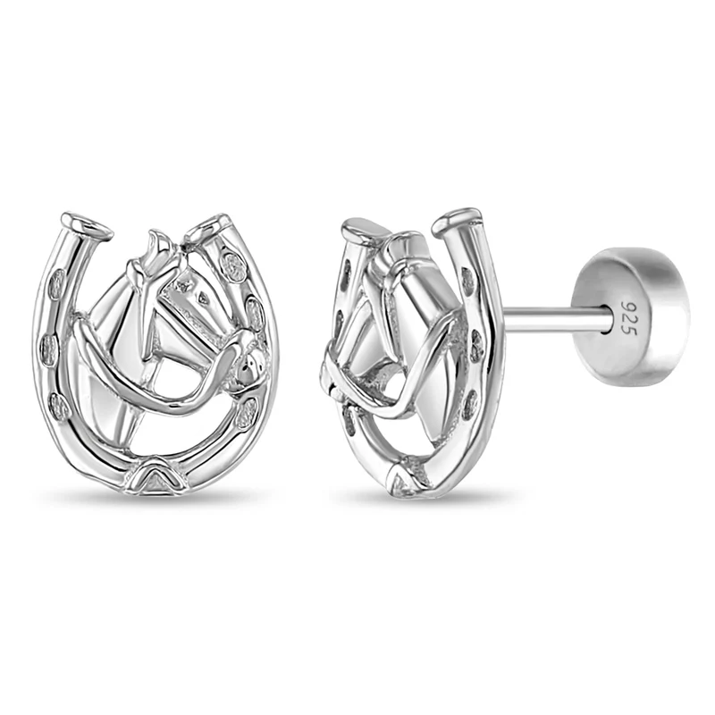 Boucles d'oreilles vissées pour enfant en argent 925, cheval - SS-03-01014 - In Season Jewelry