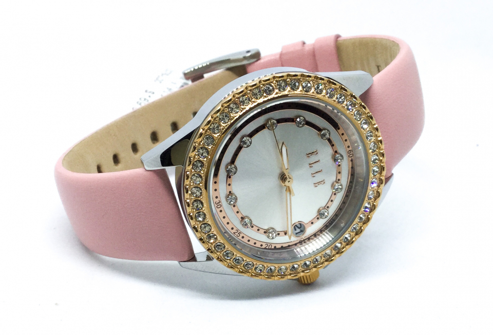 Montre femme, stainless, bracelet cuir, cadran entouré de pierres - W20380S05N - ELLE